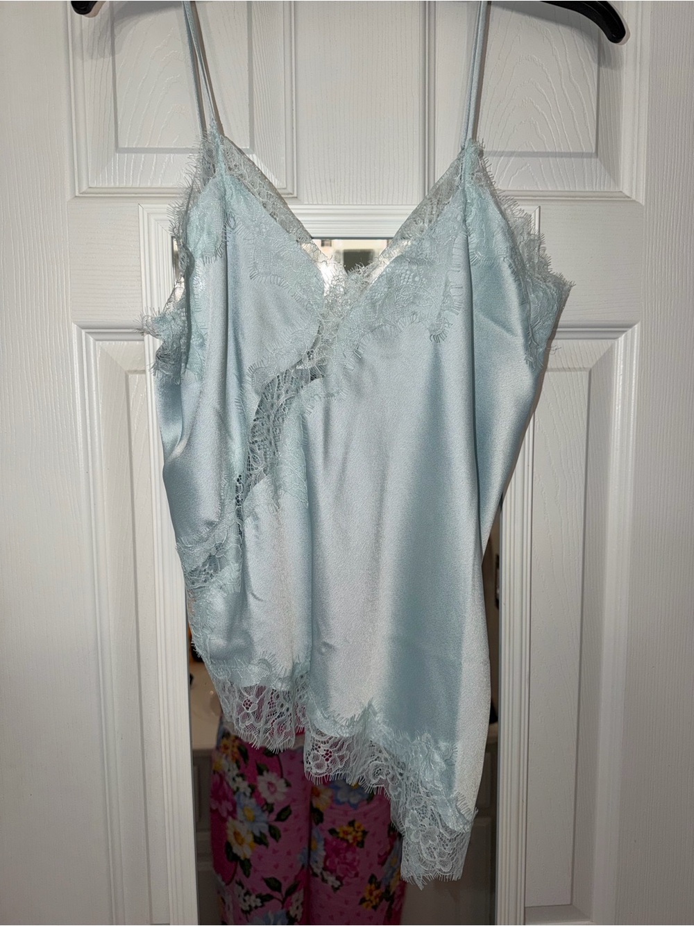 Lace-Trim Satin Cami Tank Top in Light Blue NWT